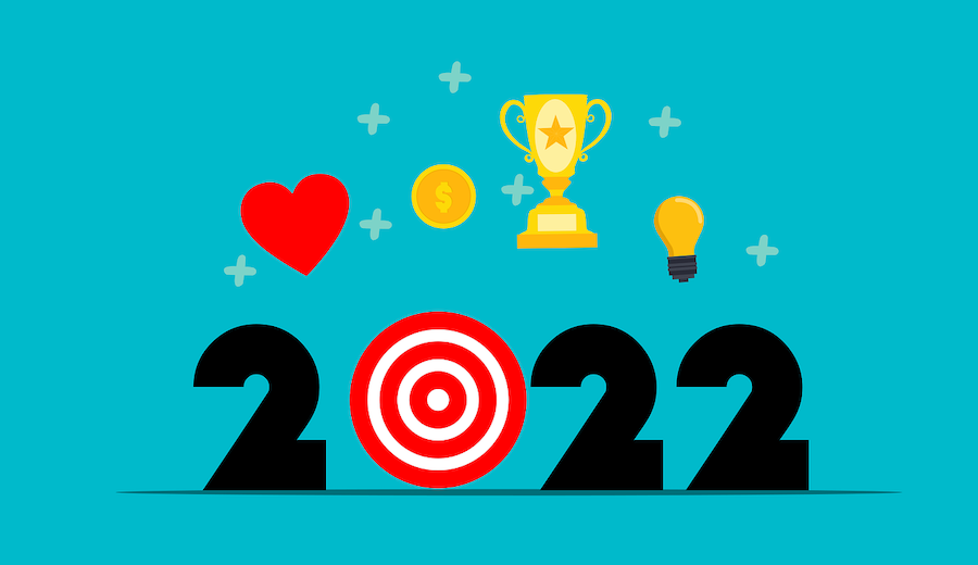 Year 2022 with bullseye, trophy, heart and lightbulb